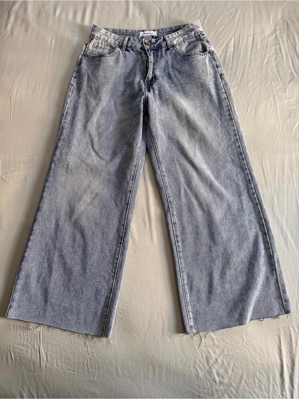 Bamboo High Rise Wide Leg Jeans Light Wash Raw Hem | 7/28